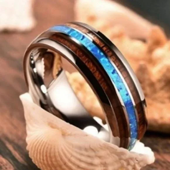UNISEX TUNGSTEN HAWAIIAN KOA WOOD ABALONE RING, CUTE RING, SHINY RING. - Picture 7 of 7